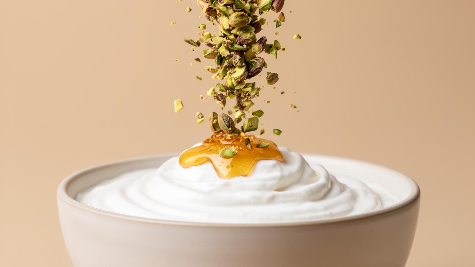 Pistache triturado y miel cayendo sobre yogurt griego